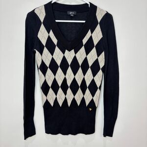 VTG Guess Argyle Sweater Women M Black Gold V-Neck Old Money Preppy Y2K Academia